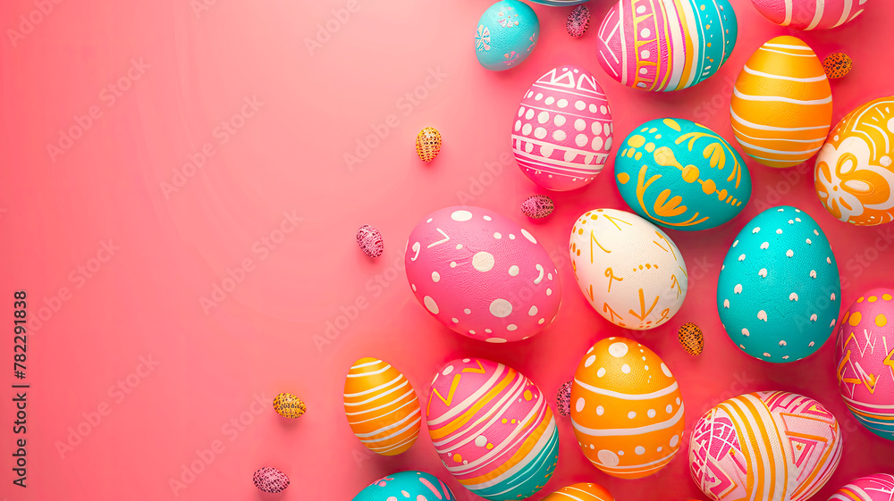 Fototapeta premium Easter eggs and flowers beautiful background. Selective focus.