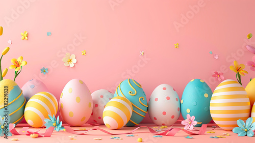 Easter eggs and flowers beautiful background. Selective focus.