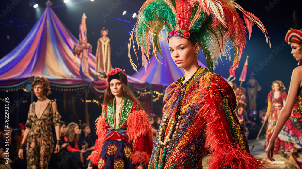 Naklejka premium Enchanting Circus-Themed Fashion Show with Dazzling Costumes