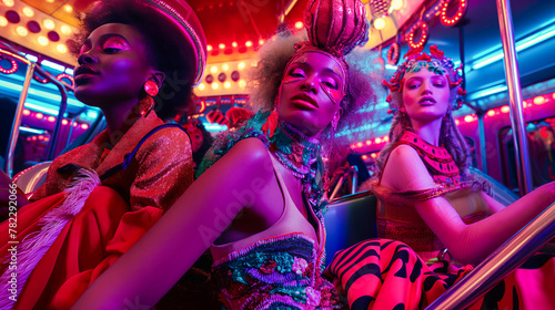 Futuristic Fashionistas in Neon-Lit City Bus - Vibrant and Trendy photo