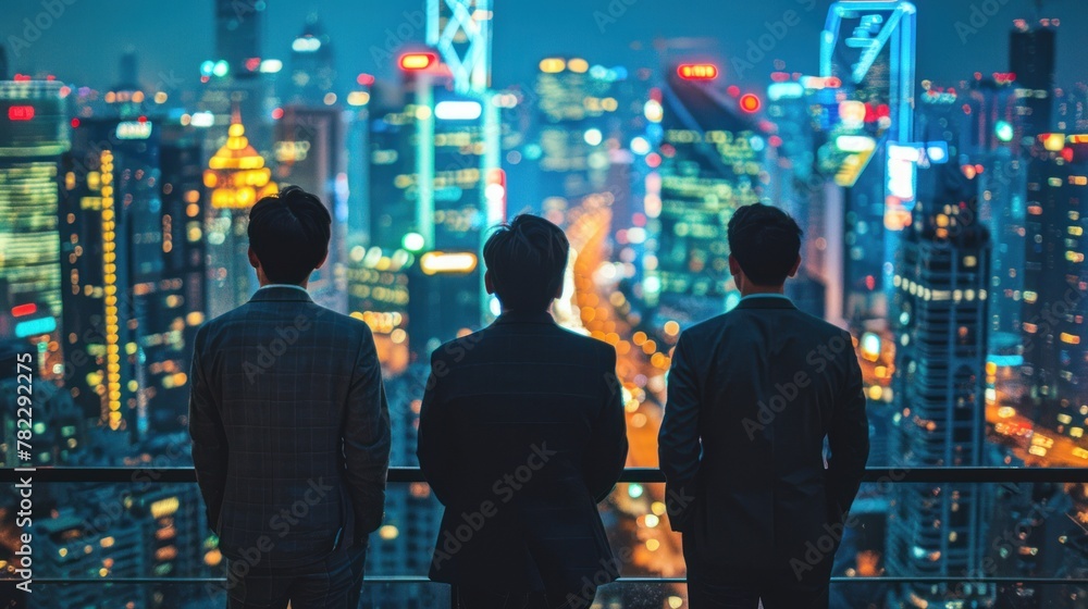 Fototapeta premium Three Men Confront Chaos: Cityscape Nightfall