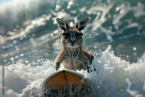 A funny kangaroo in sunglasses rides a surfboard on the waves. Active recreation concept