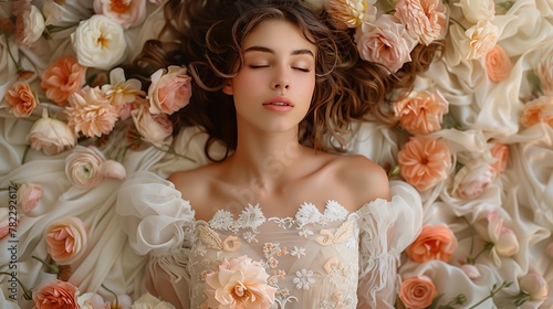 A woman with flower embellishments in her hair lies among petals