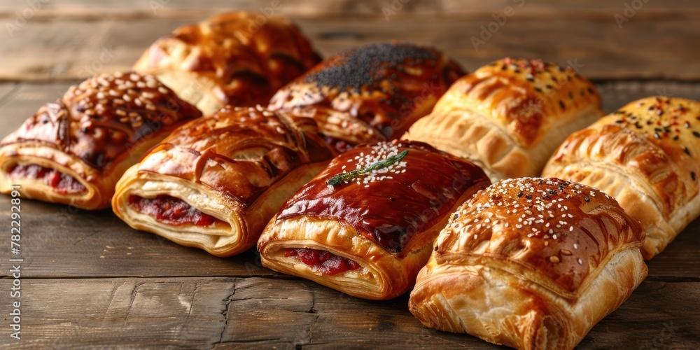 Array of Artisan Pastries on Wooden Surface Array of Artisan Pastries on Wooden Surface