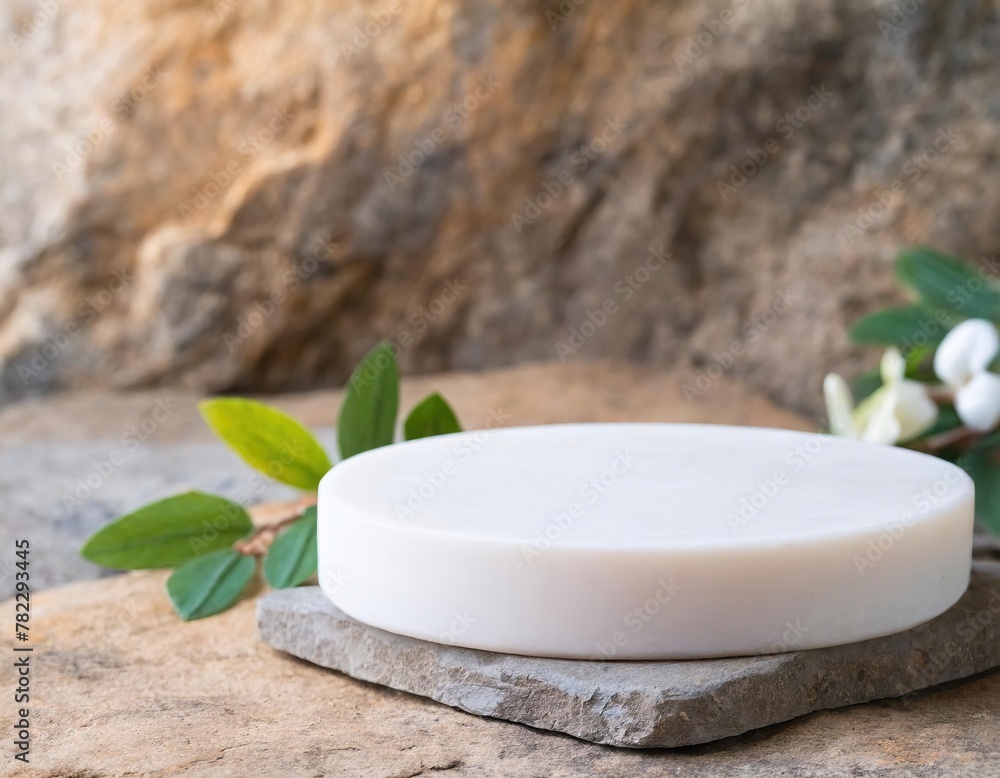 Empty round stone round platform podium for cosmetics or products on rock stone background Empty round stone round platform podium for cosmetics or products on rock stone background