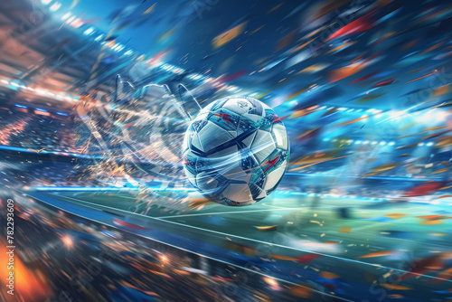 Flying Soccer Ball in Stadium. Dynamic motion blur effect.