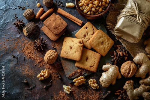 Ginger Snap. Rectangular Ginger Nut Biscuit Square Cookies with Cinnamon, Clove and Nuts photo