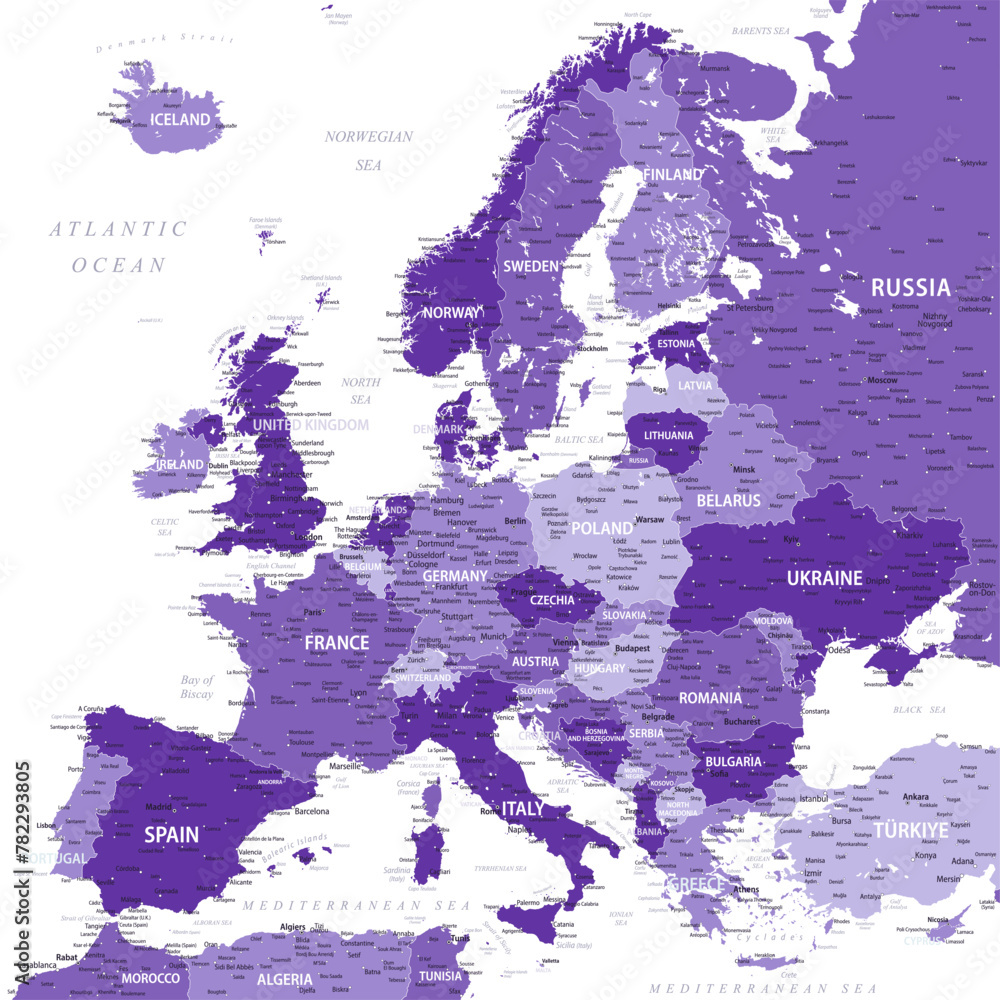 Naklejka premium Europe - Highly Detailed Vector Map of the Europe. Ideally for the Print Posters. Purple Lilac Monochrome Retro Style
