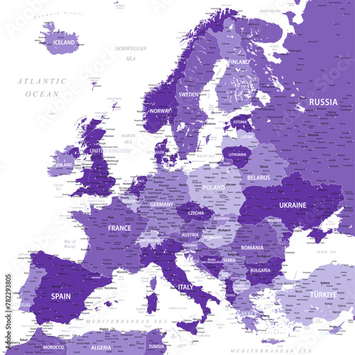 Europe - Highly Detailed Vector Map of the Europe. Ideally for the Print Posters. Purple Lilac Monochrome Retro Style
