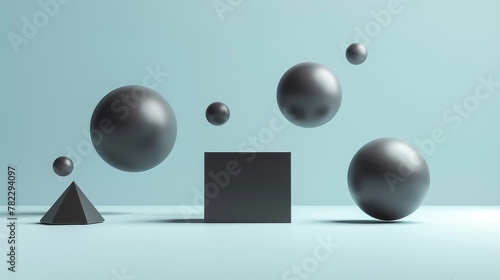 3D Geometric Shapes: A minimalist composition featuring a cube, pyramid, and sphere