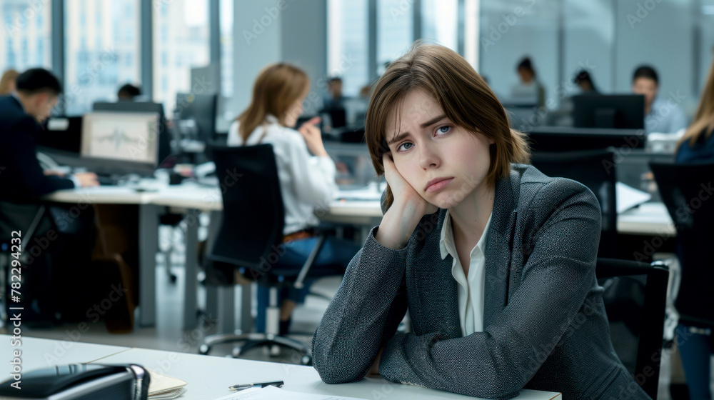 Female junior manager dissatisfied with her mundane office work Female junior manager dissatisfied with her mundane office work