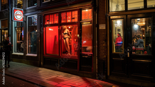 Female prostitute in the window - red light district, legal sex work concept photo