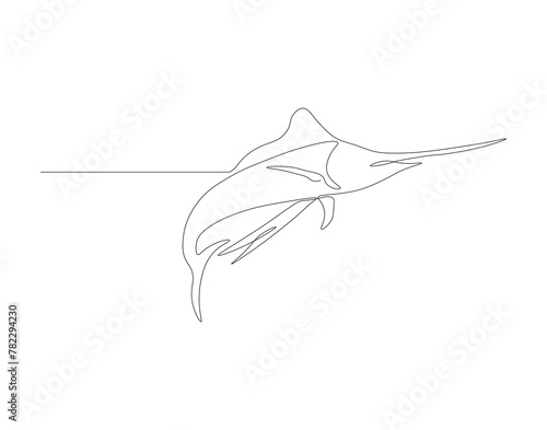 Continuous line drawing of marlin fish. One line of marlin fish. Marine animal concept continuous line art. Editable outline.