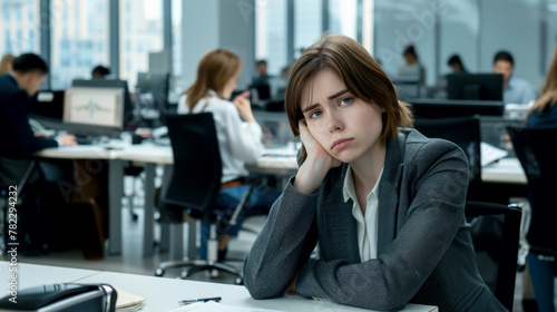 Female junior manager dissatisfied with her mundane office work photo
