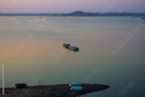 Boats anchored in the Sathanur reservoir. Sathanur Dam is one of the major dams in Tamil Nadu constructed across the Thenpennai River.