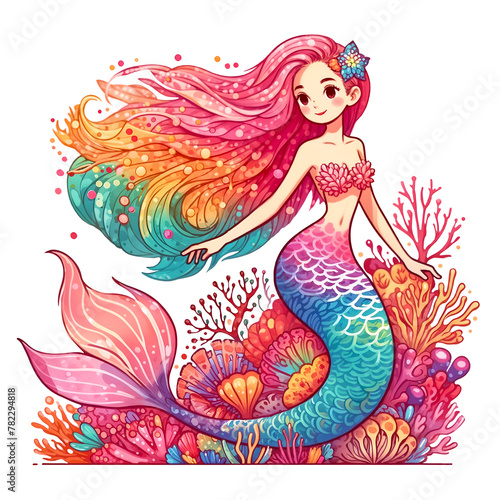 Cute Mermaid isolated on transparent background for T-Shirt Design, Stickers or Birthday Invitations
