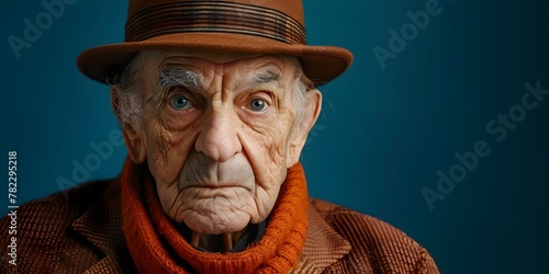 Weathered and Watchful Gaze of an Experienced Elderly Man in a Brimmed Hat and Scarf photo