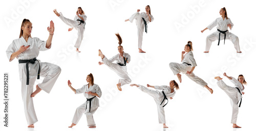 Sport collage. Woman in white sport karate uniform with black belt training in action against white background. Concept of professional sport  recreation  art  hobby  culture. Copy space for ad.