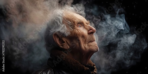A Weathered Elderly Gentleman Pensively Exhaling Smoke Capturing a Lifetime of Experience and Wisdom