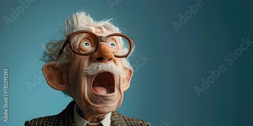 Surprised elderly character with yawn of fatigue and whisper of weariness with copy space photo