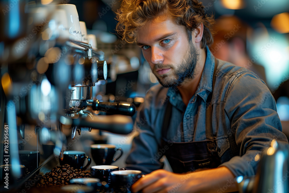 portrait of a man in a bar making cafe and looking to the camera 