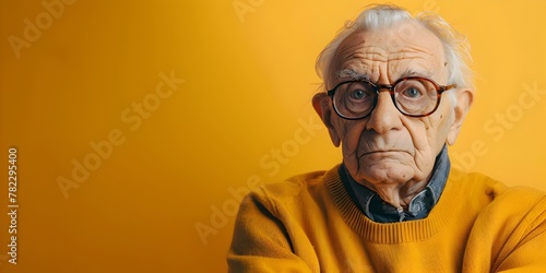 Disgruntled Elderly Man Displaying Annoyance and Irritation in Portrait Photography Session Against Vibrant Yellow Background photo