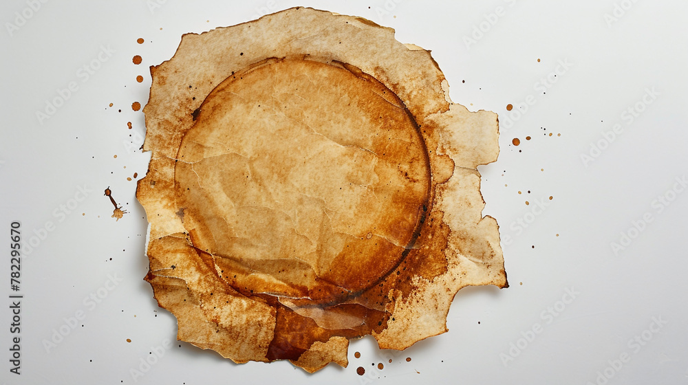 wide top view of isolated cappuccino coffee cup on a white paper, coffee stain finished spread on background with blank space for text and edits wide top view of isolated cappuccino coffee cup on a white paper, coffee stain finished spread on background with blank space for text and edits
