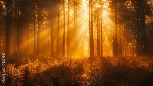 A forest with sun shining through the trees and grass, AI