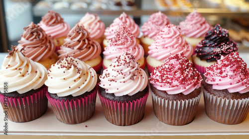 Delicious cupcakes, homemade dessert, aesthetic food serving with pink decorations.