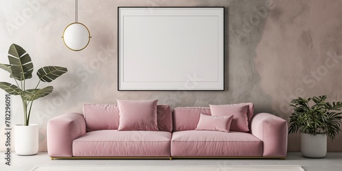 Vertical mock-up poster frame in modern interior background, millennial pink sofa photo