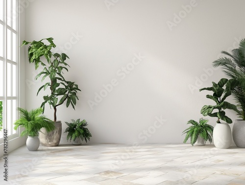 A white-walled, empty room with plants on the floor.
