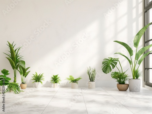 A white-walled, empty room with plants on the floor.
