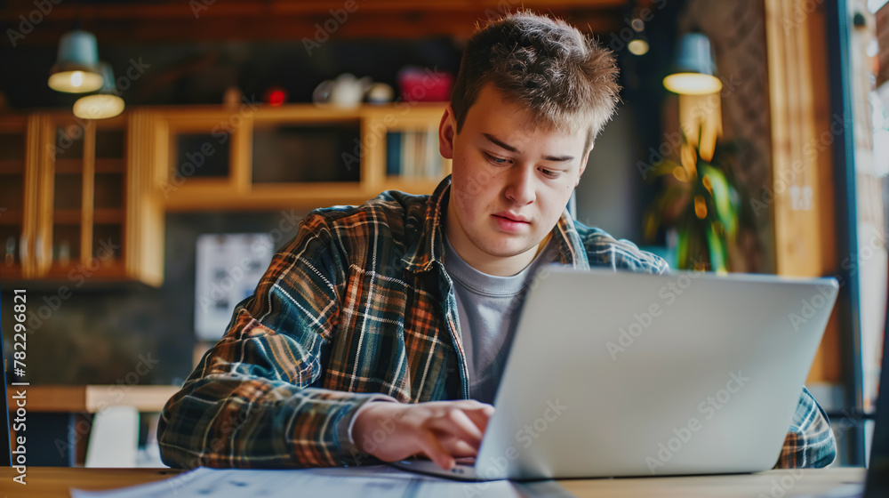 A young guy, a student, is studying intently at a laptop in a cafe. Modern education concept, online learning A young guy, a student, is studying intently at a laptop in a cafe. Modern education concept, online learning
