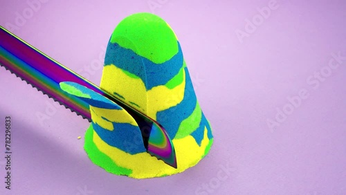 Very Satisfying and Relaxing Kinetic Sand ASMR video. Cutting anti stress macro close up colorful Kinetic Sand with a Knife. ASMR sounds.