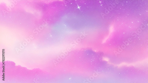 Rainbow unicorn pastel background with glitter stars. Pink fantasy sky. Holographic space with bokeh. Fairy iridescent gradient backdrop. Vector 