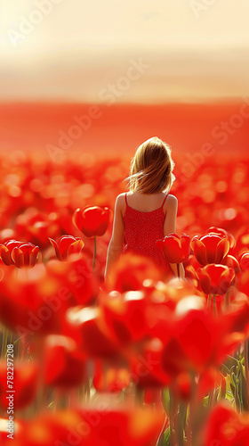 Zbliżenie na odwróconą kobietę na polu tulipanów