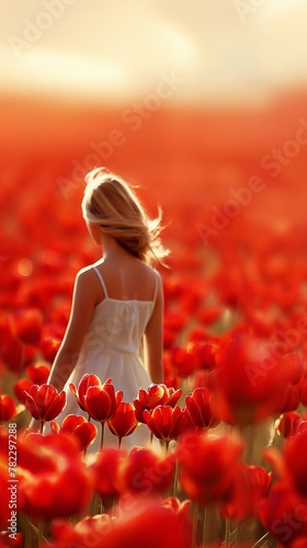 Zbliżenie na odwróconą kobietę na polu tulipanów
