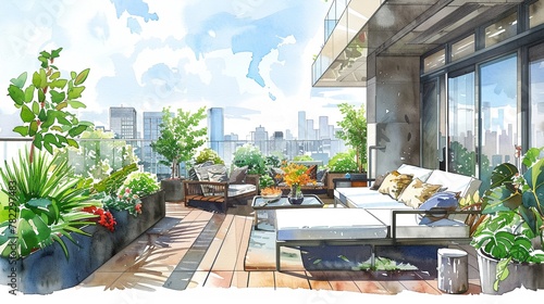 A contemporary urban balcony garden with a stylish outdoor lounge area, surrounded by lush plantings and city views,watercolor illustation