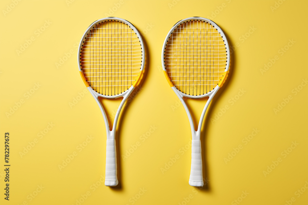 Two yellow and white tennis rackets isolated on yellow background