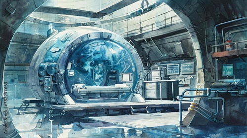 A hightech medical pod sits in a science fiction environment, suggesting advanced medical care and futuristic healing technologies,watercolor illustation
