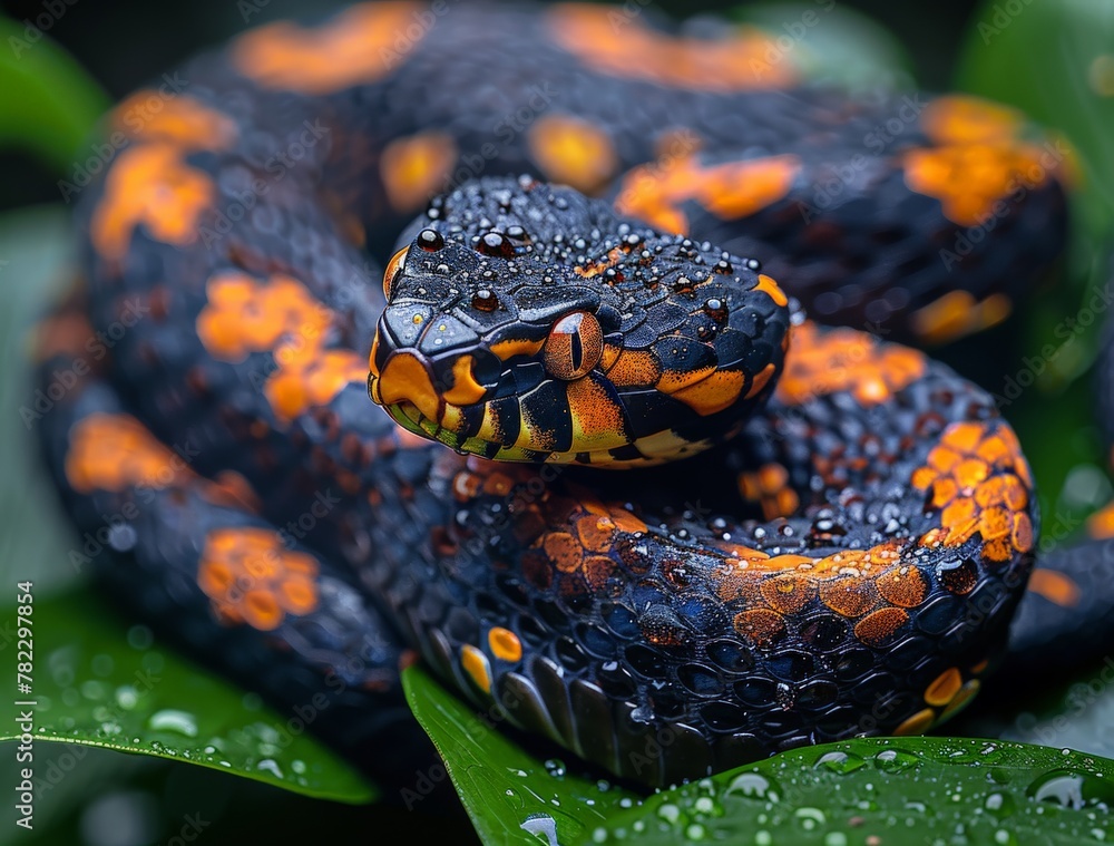 Obraz premium The image expertly captures a coiled coral snake on a bed of fresh green leaves, beads of water highlighting its brilliant pattern