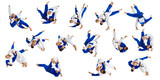 Collage. Set made of studio shots of two men, professional judo athletes training against white background. Sweeping hip throw. Concept of martial art, combat sport, health, strength, energy. Ad.
