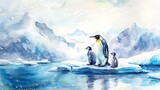 A penguin parent with chicks on a small ice floe, with a backdrop of glaciers in the Arctic region,watercolor illustation