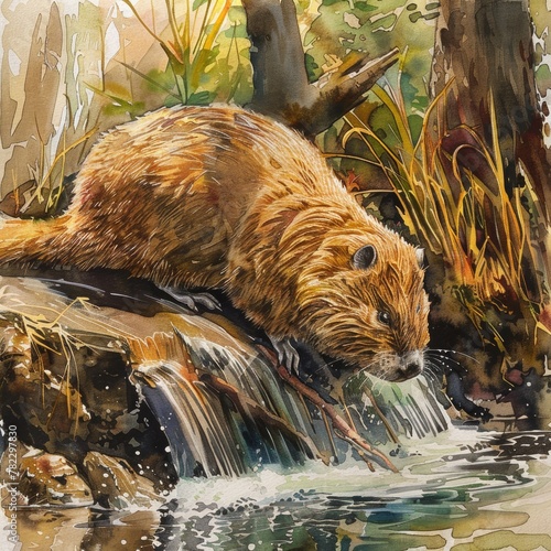 A watercolor scene of a beaver building a dam