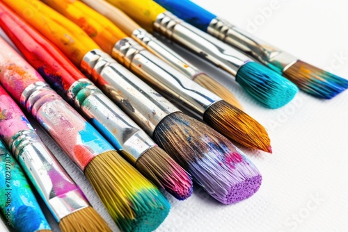 Highlight paintbrushes, sketchbooks, and vibrant paints for the artistic community. . photo on white isolated background