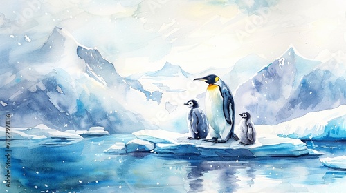 A penguin parent with chicks on a small ice floe, with a backdrop of glaciers in the Arctic region,watercolor illustation