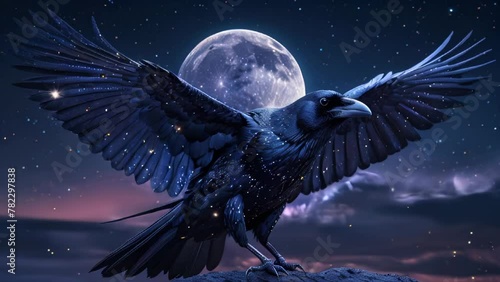 Portrait of a black raven on the background of the moon