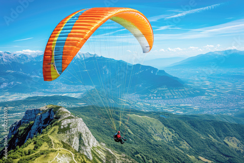 A paraglider in flight, a colorful parachute canopy against the backdrop of a clear blue sky and mountain landscape. Hobbies and extreme sports.