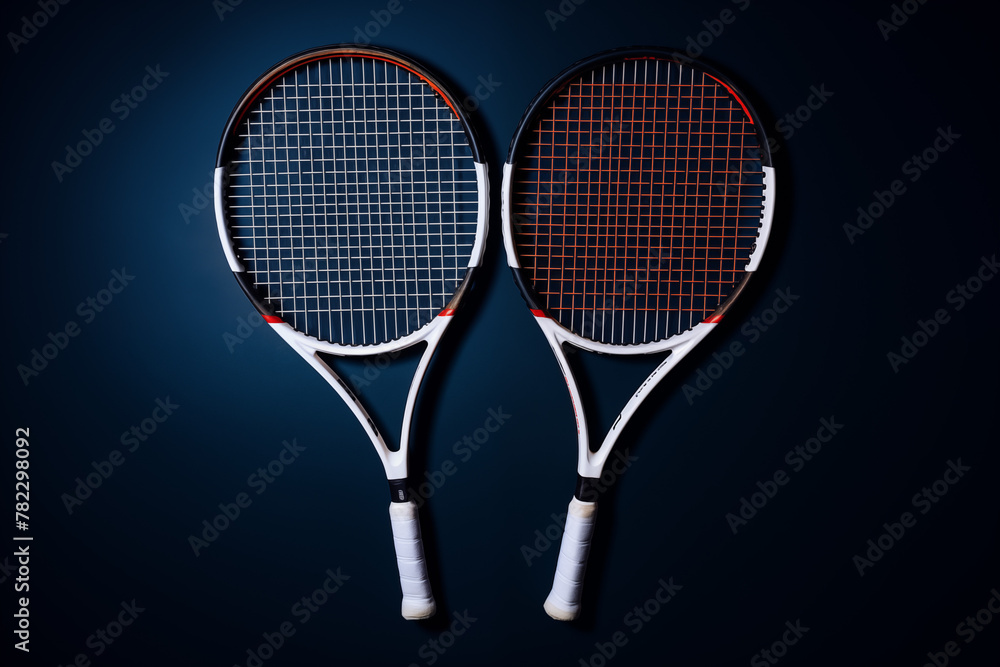 Two Tennis rackets isolated on dark blue background