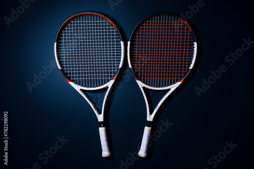 Two Tennis rackets isolated on dark blue background © h3bs